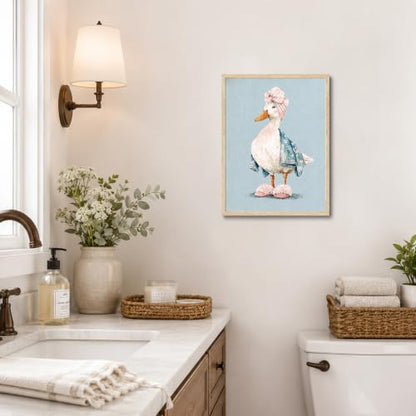 Framed Funny Duck Bathroom Wall Art, Cute Goose in Bathrobe Canvas Print - color: KJSM-06 Framed, size: 16"L x 12"W