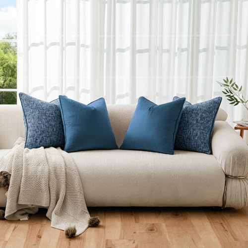 a moment Blue 4 Pack Throw Pillow Covers - Chenille & Velvet Set with Piping, Farmhouse Textured Design Cushion Cases for Couch Sofa Bed (18x18 Inch, No Insert) - color: Blue, size: 18" x 18" (Pack of 4)