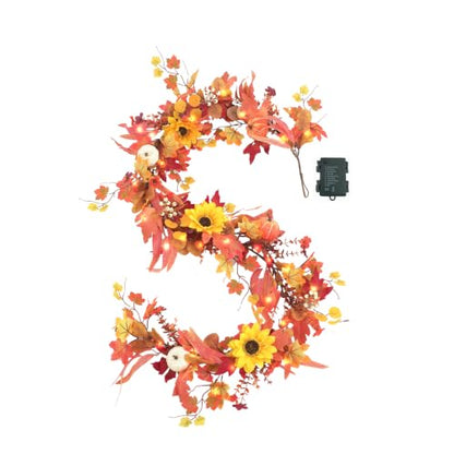 6 FT Lighted Fall Garland for Mantel, Fall Leaves Garland for Halloween