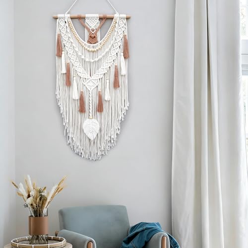 MEIZHIANDME Macrame Wall Hanging, Boho Woven Tapestry Wall Decor, Chic Bohemian Handmade Leaf Feather Wall Art Decorations for Bedroom Living Room Apartment Wedding Party (Leaf & Wood Bead)