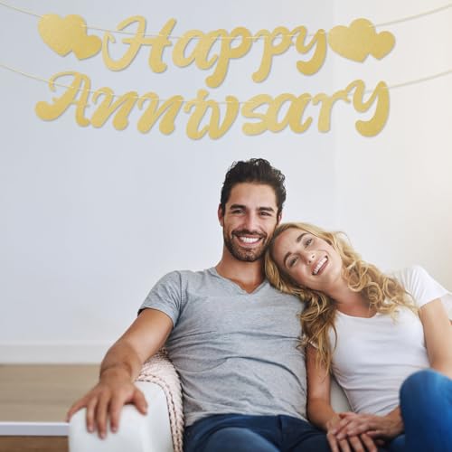 Happy Anniversary Banner, Pre-Strung Happy Anniversary Garland No DIY Party Decoration Supplies for Wedding Birthday (Champagne Gold)