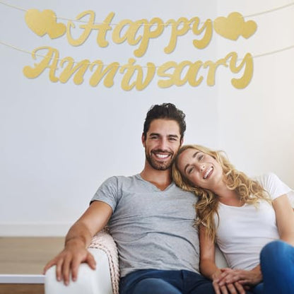 Happy Anniversary Banner, Pre-Strung Happy Anniversary Garland No DIY Party Decoration Supplies for Wedding Birthday (Champagne Gold)