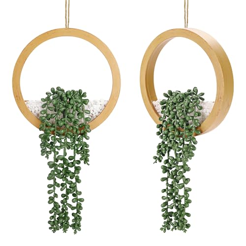 Der Rose 2 Pack 16" Fake Hanging Plants in Wood Tone Pots for Boho Decor | Cascading string of pearls, warm wood-look planters, included ropes suitable for bathroom bedroom living room boho wall decor - color: Wood, size: 7.87"W * 16"H