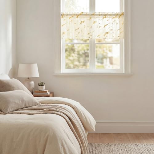 Horaldaily 2Pcs Beige Sheer Valance for Window 52x14in, Gold Sequin Marble - color: Beige and Gold, size: 52"W x 14"L (Pack of 2)