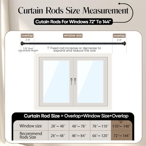 SIMEWIN Heavy Duty Window Curtain Rods, 72-144 Inches, Black with Gold Finials, Adjustable for Bedroom, Living Room, Patio - color: Black, size: 28"-144"
