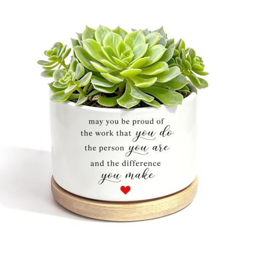 YROVWENQ Small Ceramic Succulent Planter Pots with Bamboo Tray, No Plants - color: Proud of Your Work