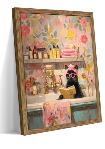 Funny Bathroom Cat Wall Art, Pink Elegant Animal Canvas Wall Decor Painting, Funny Cat In The Bathtub Artwork Prints Pictures for Bedroom Office Restroom Bathroom 12x16 Inch Wood Framed - color: Pink Bathroom Black Cat, size: 16"L x 12"W