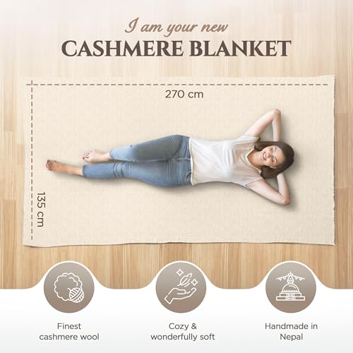 Cashmere Blanket – Hand Woven 100% Cashmere Wool Throw Blanket, 135 x 270 cm – Plain Cozy, and Soft Blanket for Bed, Sofa, or Couch - Made in Nepal - color: White
