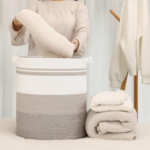 80L Foldable Cotton Rope Laundry Hamper, Oversized Woven Storage Basket with Sturdy Handles for Blankets Toys Nursery, Triple Brown Earth Tone