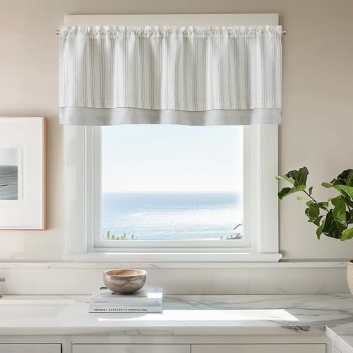 jinchan Striped Linen Valance 18 Inch Farmhouse 1 Panel Grey on Beige - color: Striped Grey on Beige, size: 50"W x 18"L (Pack of 1)