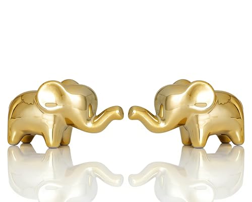 4 Inch Gold Ceramic Elephant Figurines Set of 2 - color: Gold