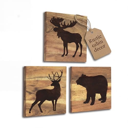 Home Rustique Real Wooden Cabin Decor, Woodland Rustic Wall Art, Set of 3 - color: Woodland Animals