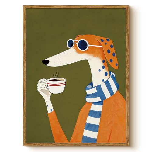 WHASAYART Whimsical Coffee Canvas Wall Art Greyhound Dog Framed Decor 12x16 - color: Coffee Time, size: 16"L x 12"W