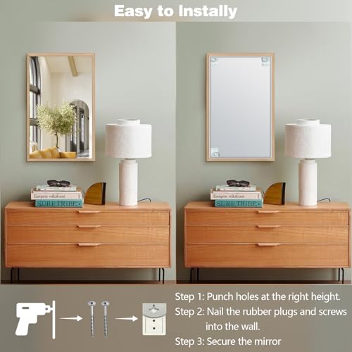 Wood Wall Mirror for Over Sink, 36"x24" Solid Bathroom Mirror
