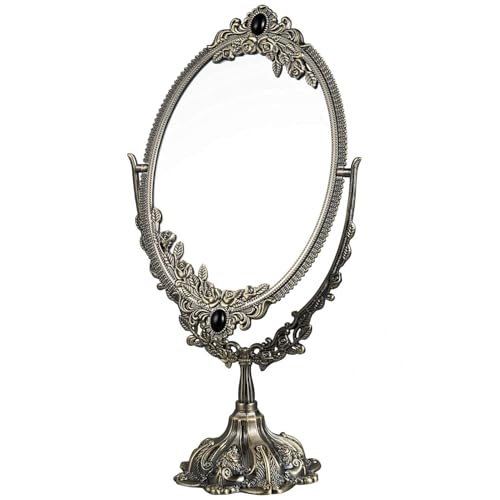 Guppy Small Metal Vintage Makeup Mirror, Floral Tabletop Oval Cosmetic Mirror, Vintage Swivel Double Sided Cosmetic Mirror, with Embossed Frame Base, Retro Mirror for Dressing Bedroom-Antique Bronze - color: Bronze, size: 11.5"L x 5.1"W