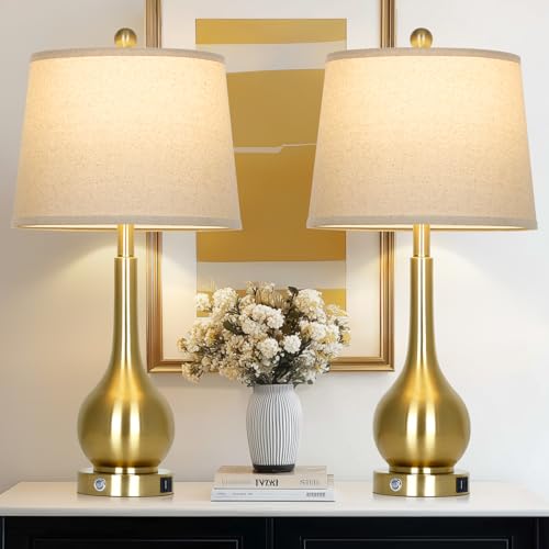 Rinweey 26" Gold Lamps Set of 2 for Living Room, Touch Control Table Lamps for Bedroom, 3-Way Dimmable Bedside Lamps for Nightstand with with USB A+C Ports (2 LED Bulbs Included) - color: Gold (2 Pack)
