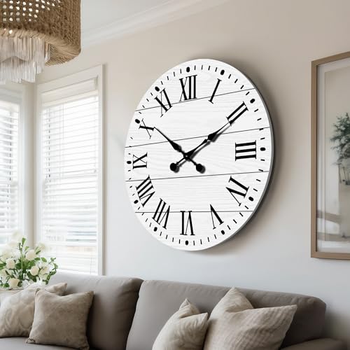 Large Wall Clock with Roman Numeral, 35.5” Shiplap Farmhouse Hanging Clock - color: White, size: 35.5 Inch