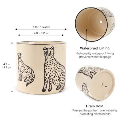 STHIE 5 Inch Ceramic Planters for Indoor Plants, Funny Small Plant Pots - color: Beige-two Panthers