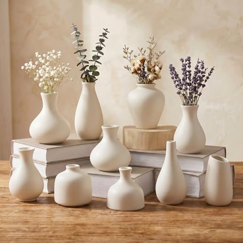 White Ceramic Bud Vase Set of 10, Small Vases for Pampas Grass, Flowers, Mini Vases for Modern Home Decor, Minimalist Decor, for Living Room, Dining Table & Shelves - color: White – 10-piece Set