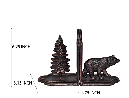 Bear Bookends Decorative, Heavy Duty Cast Iron Bookends for the Shelves, Pine Tree and Bear Statue Book End, Vintage Shelf Decor, Antique Bronze