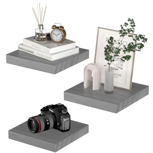PopiShelves Small Floating Shelves for Wall - 9 Inch Mini Square Grey Shelves for Bedroom, Living Room, Bathroom, Kitchen, Office Decor Set of 3 - color: Grey, size: 9"