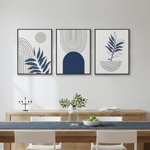 Framed Blue Mid Century Boho Botanical Canvas Wall Art Bedroom, 12x16 Inch | Navy bohemian botanical, 3 piece, Canvas print, Mid century modern, Geometric artwork, Leaf pictures, Living room wall art - color: Black and Blue