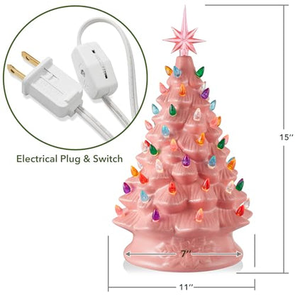 Casafield Hand Painted Ceramic Christmas Tree, Pink 15-Inch Pre-Lit Tree with 128 Multi Color Lights and 2 Star Toppers - color: Pink
