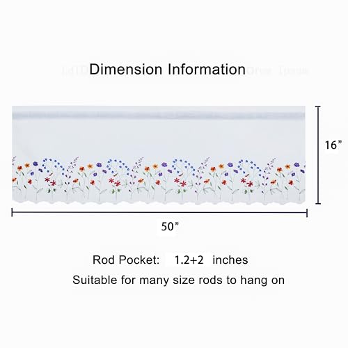 2PC PKT Floral Embroidery Curtain Valance, White Elegant Decorative Flowers Window Valances,Valances for Windows Living Room,Rod Pocket W50XL16 inch (Flowers) - size: 50"W x 16"L (Pack of 2)