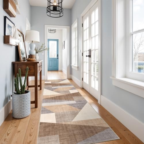 3x10 Washable Geometric Runner Rug - Non-Slip Modern Hallway Rugs Tan Beige - color: Tan Beige, size: 3' x 10' (Rectangular)