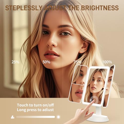 FRANO Trifold Makeup Mirror with Light, 3X/5X Magnifying Vanity Mirror, - color: White