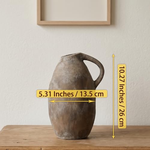 Rustic Ceramic Vase with Handle, 10.3 Inch, Farmhouse Decor, Brown - color: Brown