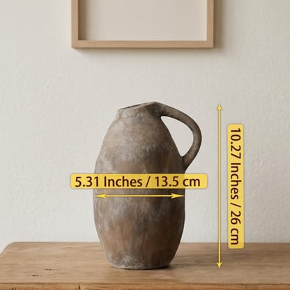 Rustic Ceramic Vase with Handle, 10.3 Inch, Farmhouse Decor, Brown - color: Brown