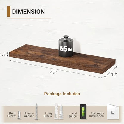 Vivelove Deep Floating Shelves, 48 X 12 Inch, Rustic Brown, 2 - color: Rustic Brown, size: 48”wx12”dx1.5”h