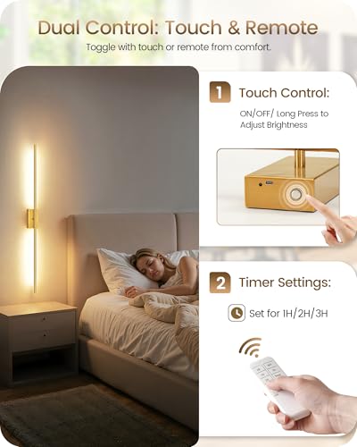 39.4" Wireless Battery Operated Wall Sconces Set of 2, Modern Rechargeable Lamp with Remote, 360° Rotation, 10000mAh, Touch Dimmable Lights for Bedroom, Living Room, Hallway, Gold D07YBP205 - color: Gold, size: 39.4 Inches