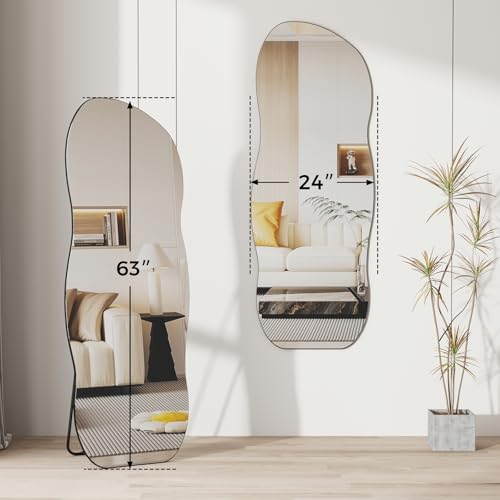 QDSSDECO Full Length Mirror Irregular Wavy Mirror with Stand, Frameless - color: Wave With Bracket