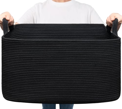 Goodpick Large Woven Rope Blanket Basket, Rectangle, Black, 75L - color: Black, size: Large(21.6"L x 14.9"W x 11.8"H)