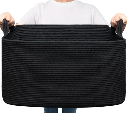 Goodpick Large Woven Rope Blanket Basket, Rectangle, Black, 75L - color: Black, size: Large(21.6"L x 14.9"W x 11.8"H)