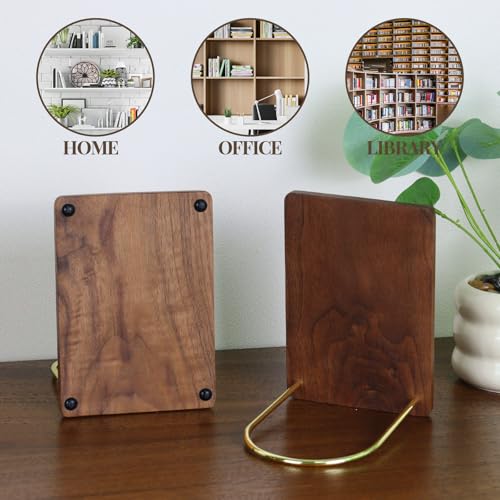 Buqoo Book Ends for Shelves, Handmade Walnut Wood Bookends with Metal - color: Walnut Brown