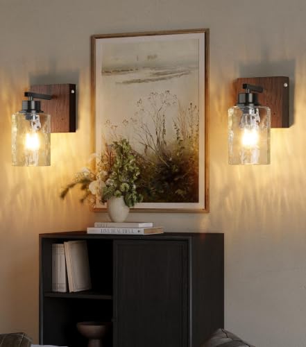 Hammered Glass Battery Operated Wall Sconces Set of Two Black & Walnut | Dimmable Rechargeable Wall Lights with Remote Timer, Easy Install Lamp for Living Room Bedroom, Emergency 3000K - color: Black Walnut(Clear Hammered Lampshades)