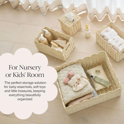 BEBE BASK Handwoven Scalloped Wicker Basket Set of 3 (17 × 13 × 7 in) - color: Natural