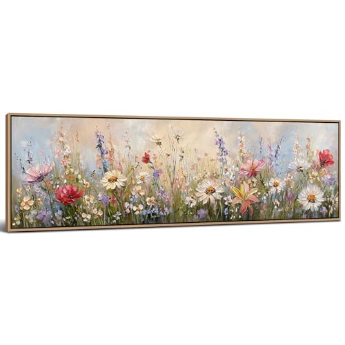 Wood Framed Wildflower Wall Art Bedroom Wall Decor Above Bed, Colorful Flower Poppy Daisy Picture for Living Room Abstract Nature Floral Painting Canvas Prints Meadow Poster Artwork Decorations 14x48” - color: Flower02