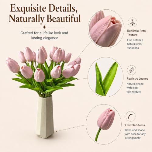 Mandy's 20 Stems Dusty Pink Artificial Tulip Flowers for Home Centerpieces - color: Dusty Pink 20pcs