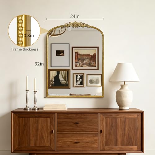 HOMECOOKIN Vintage Arched Gold Mirror, Antique Baroque Mirror, 32"X24" Wall Mirror with Ornate Frame, Antique Brass Mirror for Bathroom Vanity, Living Room, Fireplace, Entryway, Hallway, Home Decor - color: Gold, size: 32"L x 24"W