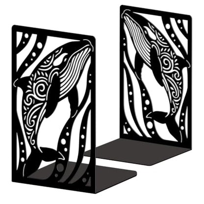 Peacoblue 5.3"x4.3"x7.9" Metal Bookends, Heavy Duty Book Ends for Shelves - style: Whales in the Ocean