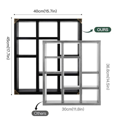 17.7x15.7-Inch Shadow Box Shelf 9-Slot Rustic Floating Shelves Larger Wall Mounted Shelf Lightweight Solid Wood Display Freestanding Farmhouse Shelf (Set of 2,9C-Classic Black) - color: 9c-classic Black, size: 2 PCS
