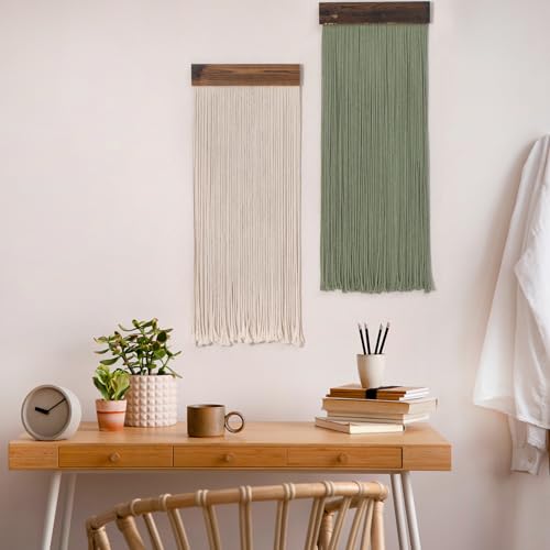 LB Beige Light Green Macrame Wall Hanging Set of 2, 12x31 Inch - color: Light Green Beige