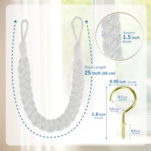 Home Queen Hand Braided Curtain Tie Back, Buckle Holdback Drapery Curtain Tiebacks, 4 Rope Cotton Belt Curtain Tie with 4 Metal Hooks, White - color: White, size: 4PC
