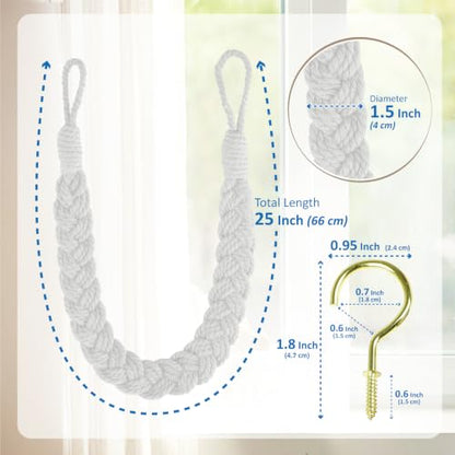 Home Queen Hand Braided Curtain Tie Back, Buckle Holdback Drapery Curtain Tiebacks, 4 Rope Cotton Belt Curtain Tie with 4 Metal Hooks, White - color: White, size: 4PC