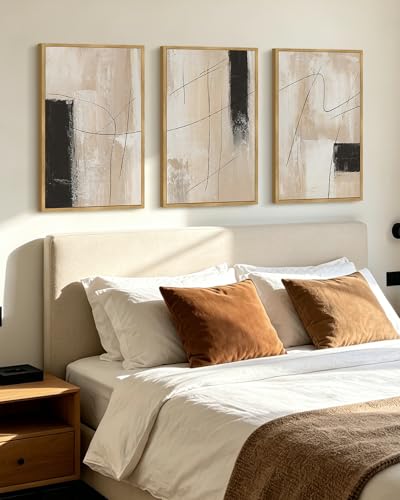KUVIOKE Abstract Framed Wall Art Minimalist Beige Pastel Watercolor Neutral Wall Decor Modern Black Line Art Painting for Bedroom Dining Room 16x24in (Natural Framed) - color: Line Abstract, size: 16 x 24in x 3 Panels Natural