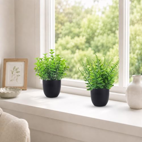 Der Rose 4 Pack Mini Fake Plants in Black Pots, 7" Bathroom & Desk Decor - color: Green